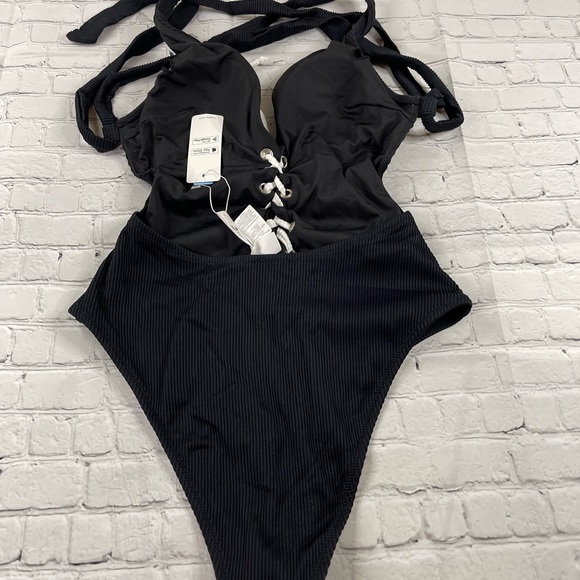 Miley Black Front Lace Up Crisscross One Piece Swimsuit - Picture 5 of 5